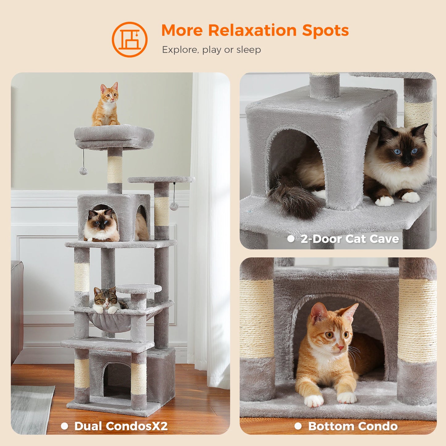 6-levels Safe and Stable Cat Tree with Soft Hammock