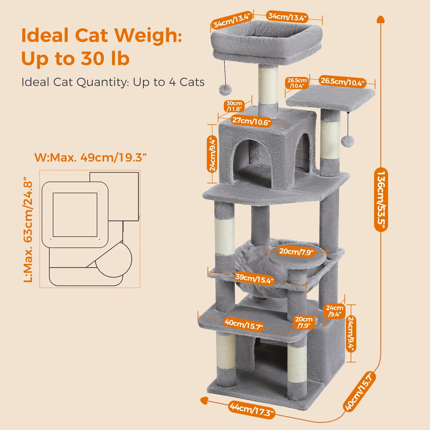 6-levels Safe and Stable Cat Tree with Soft Hammock