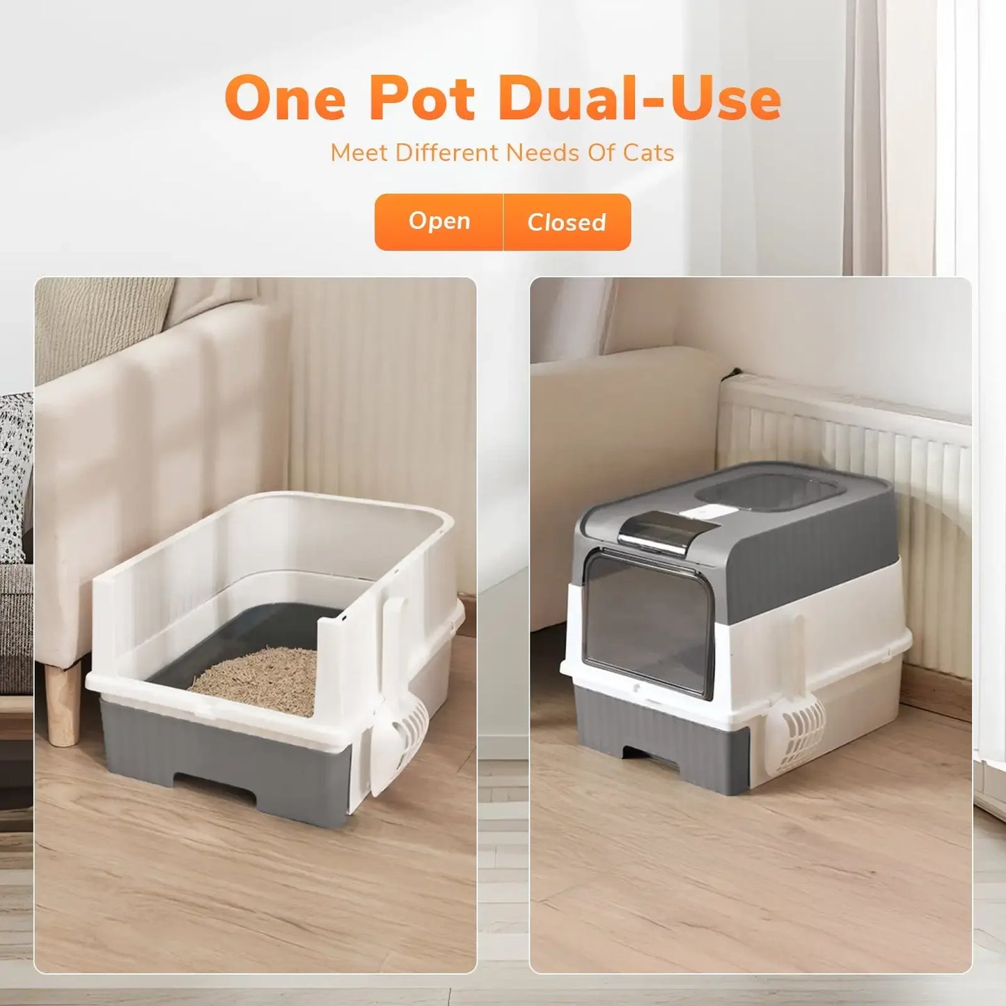 Enclosed Cat Litter Box with Lid, Large Litter Scoop High Wall Sides Enclosure(Grey)
