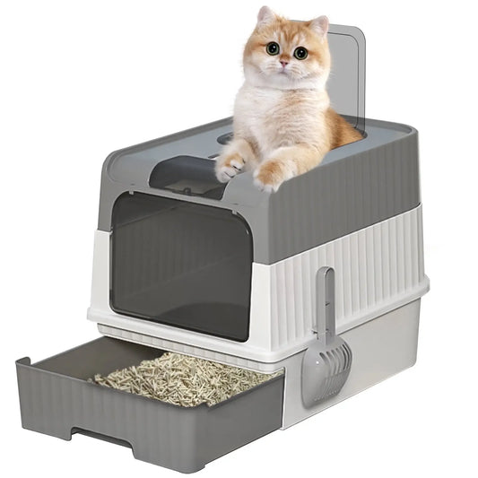Enclosed Cat Litter Box with Lid, Large Litter Scoop High Wall Sides Enclosure(Grey)